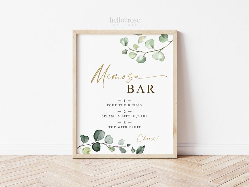 Mimosa Bar Sign Printable . Greenery and Gold . Wedding Engagement Bridal Shower Bachelorette Hens Party Birthday . Instant Download 8x10 G2 image 1