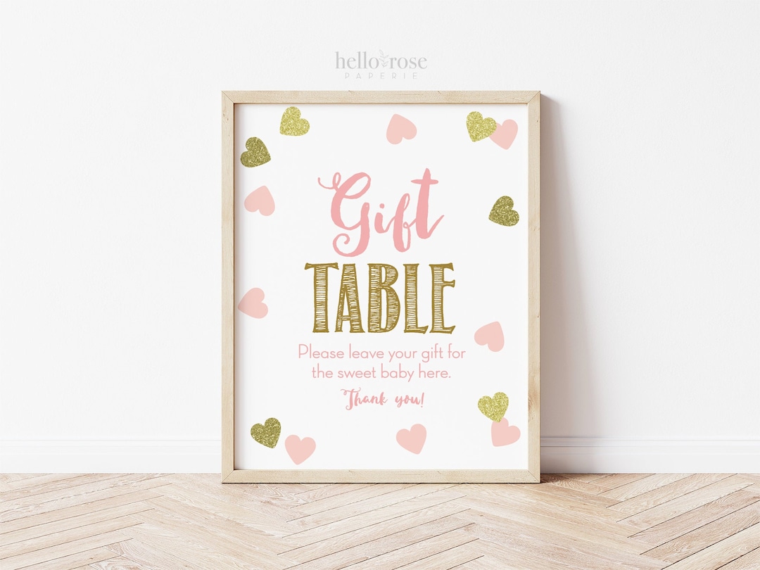 Gift Table Baby Shower Sign Printable 8x10 . Pink and Gold Hearts ...