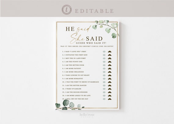 He Said She Said Who Said It Bridal Shower Bachelorette Game . Greenery + Gold . PRINTABLE Editable Template Instant Download Templett G2-T
