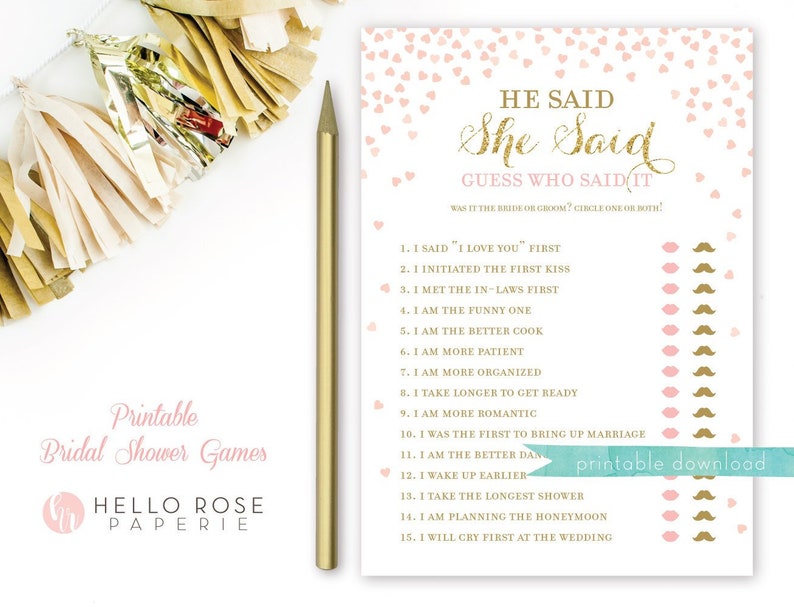 He Said She Said Bridal Shower Game . Pink and Gold Wedding Shower . Hens Party . Bachelorette Party Game . Printable Instant Download image 2