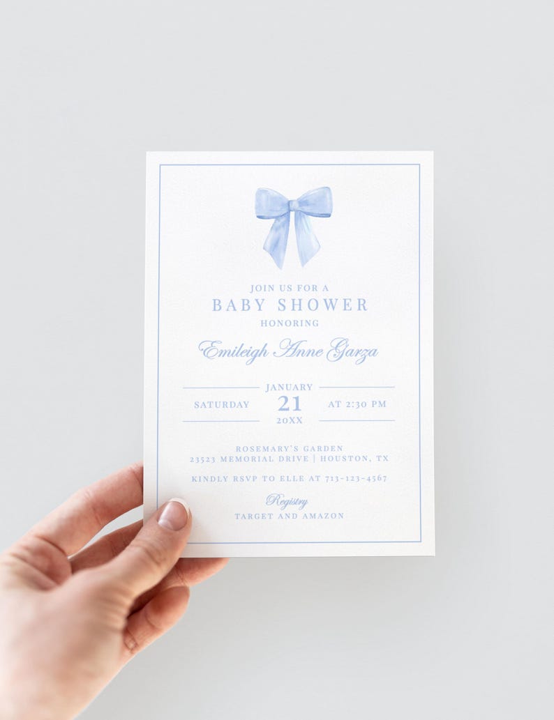 May include: A baby shower invitation with a light blue bow illustration at the top. The invitation includes the text "Join us for a Baby Shower Honoring Emileigh Anne Garza". Details include the date, time, and location.
