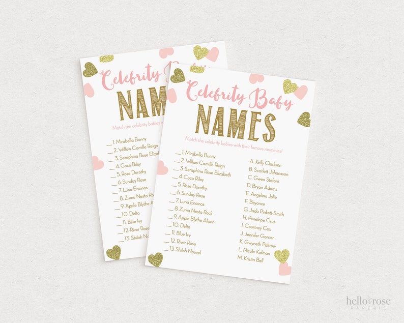 Celebrity Baby Name Shower Game and Answers . Pink and Gold Girl Baby Shower . Fun Game for Large Groups . Printable Instant Download image 1