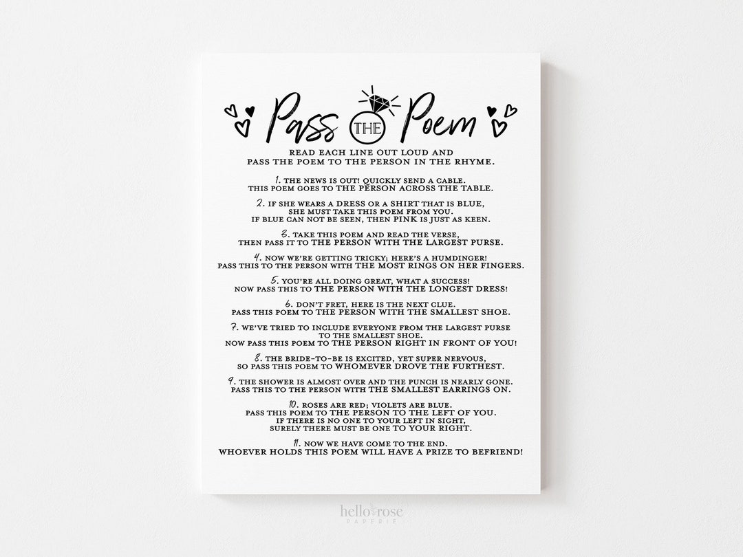 Pass the Poem Bridal Shower Printable Game . Bachelorette Hens Party ...