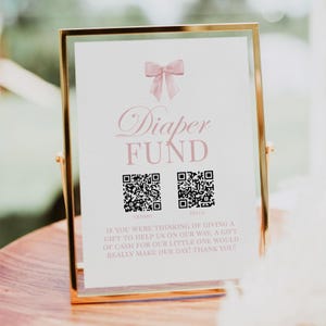 Diaper Fund, Pink Bow Girl Baby Shower, QR Code Venmo CashApp Paypal Zelle Cash Gift, Editable Template Digital Download TEMPLETT