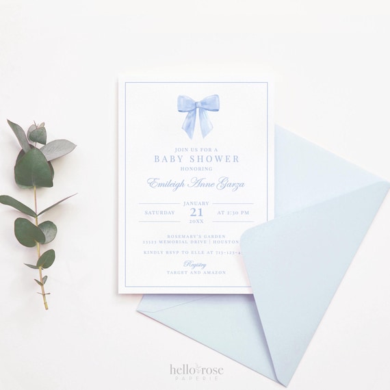 Blue Bow Baby Shower Invitation, Boy Watercolor Bow, Baby Sprinkle Elegant Minimalist Invite, Editable Template Download TEMPLETT