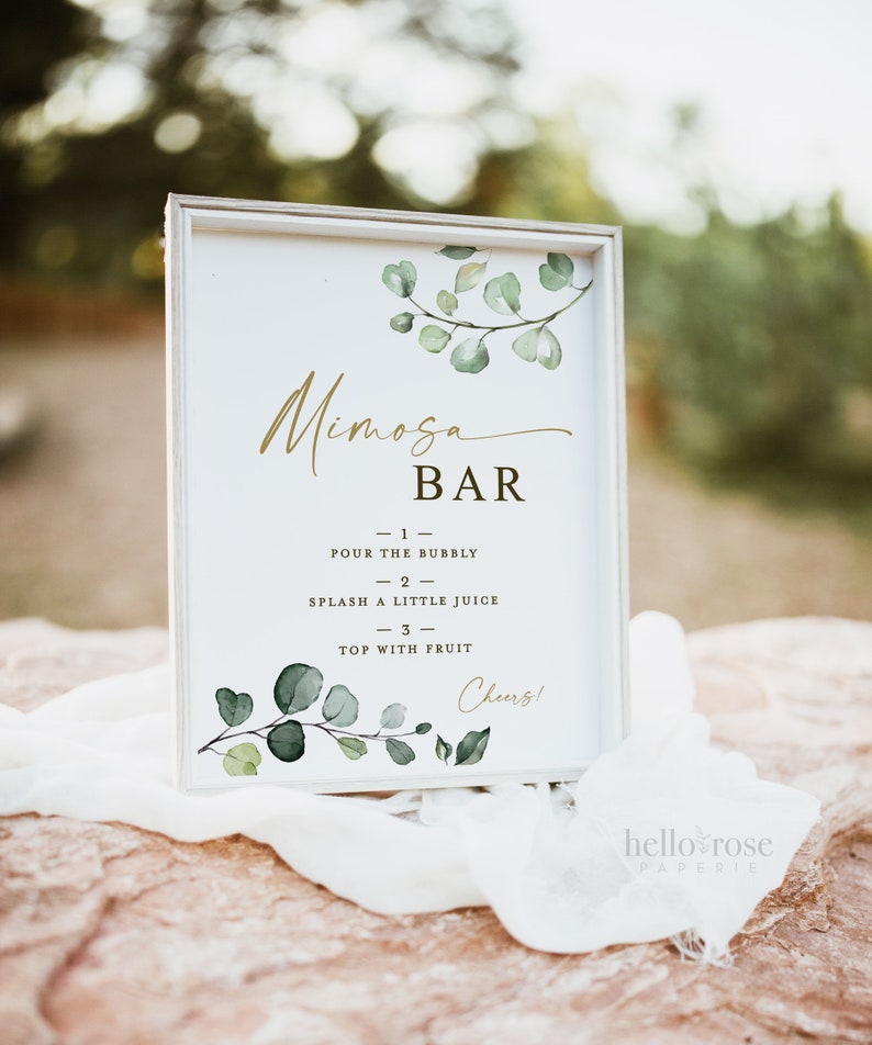 Mimosa Bar Sign Printable . Greenery and Gold . Wedding Engagement Bridal Shower Bachelorette Hens Party Birthday . Instant Download 8x10 G2 image 2