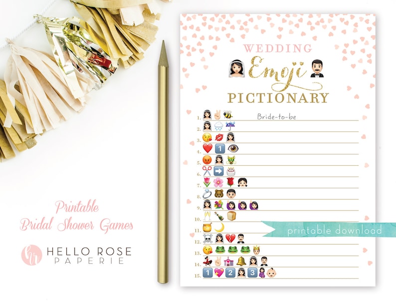 Emoji Game . Pink and Gold Bridal Shower Wedding Emoji Pictionary Game . Bridal Shower Game Printable . Instant Download . Gold Glitter image 1