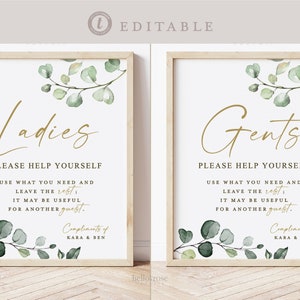 Wedding Bathroom Basket Printable Signs . Ladies and Gents Wedding Restroom . Please Help Yourself . Template Instant Download Templett G2-T