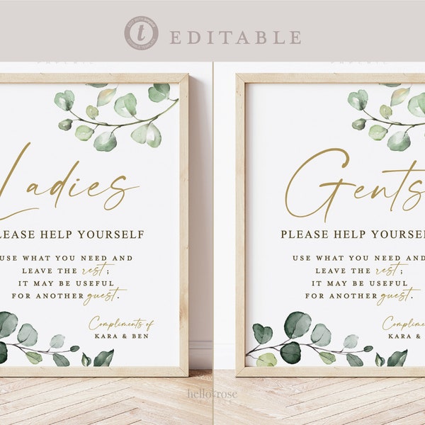 Wedding Bathroom Basket Printable Signs . Ladies and Gents Wedding Restroom . Please Help Yourself . Template Instant Download Templett G2-T