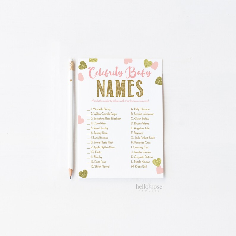 Celebrity Baby Name Shower Game and Answers . Pink and Gold Girl Baby Shower . Fun Game for Large Groups . Printable Instant Download image 2