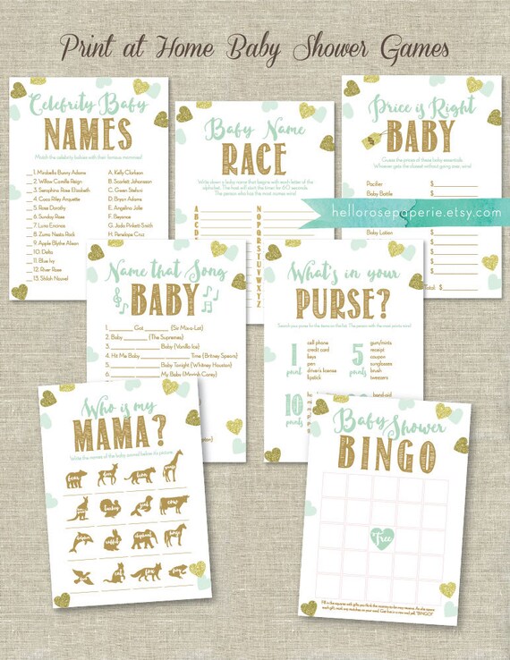 Mint and Gold Baby Shower Games Package . 7 Games Bundle . Etsy