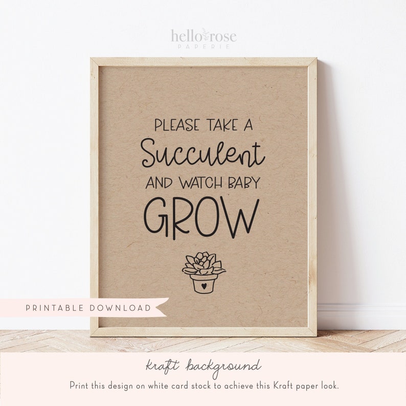 Please Take a Succulent and Watch Baby Grow Baby Shower Favors Sign . Boy Girl . Kraft + Black & White . Printable 8x10 Instant Download K4 image 2