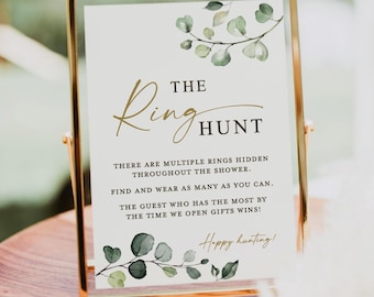 PRINTED + SHIPPED Ring Hunt Bridal Shower Game Sign, Find the Most Rings Game, Couples Shower Game, Greenery and Gold Boho, 8x10 5x7
