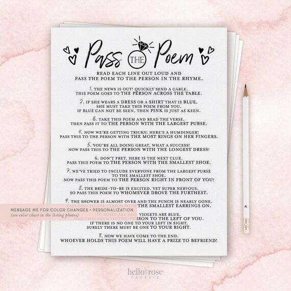 Pass the Poem Bridal Shower Printable Game . Bachelorette Hens - Etsy