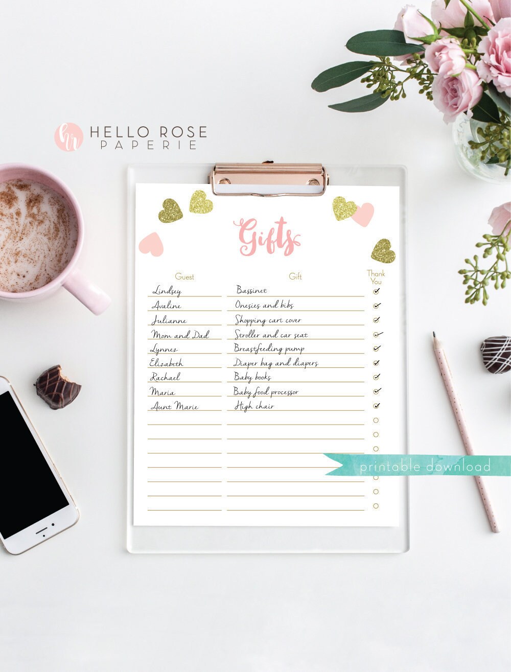 Gift List Printable . Baby Shower Gift List . Pink and Gold Etsy