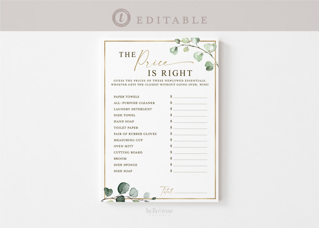 The Price is Right Bridal Shower Editable Printable Game . Greenery and ...