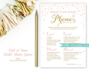 Pink and Gold Bridal Shower Games . What's on Your Phone Game . Bridal Shower Games Printable Instant Download . Glitter Confetti Hearts