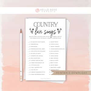 May include: A printable game with a list of country love songs and their corresponding artists. The game is titled "Country Love Songs" and includes a printable download notice.