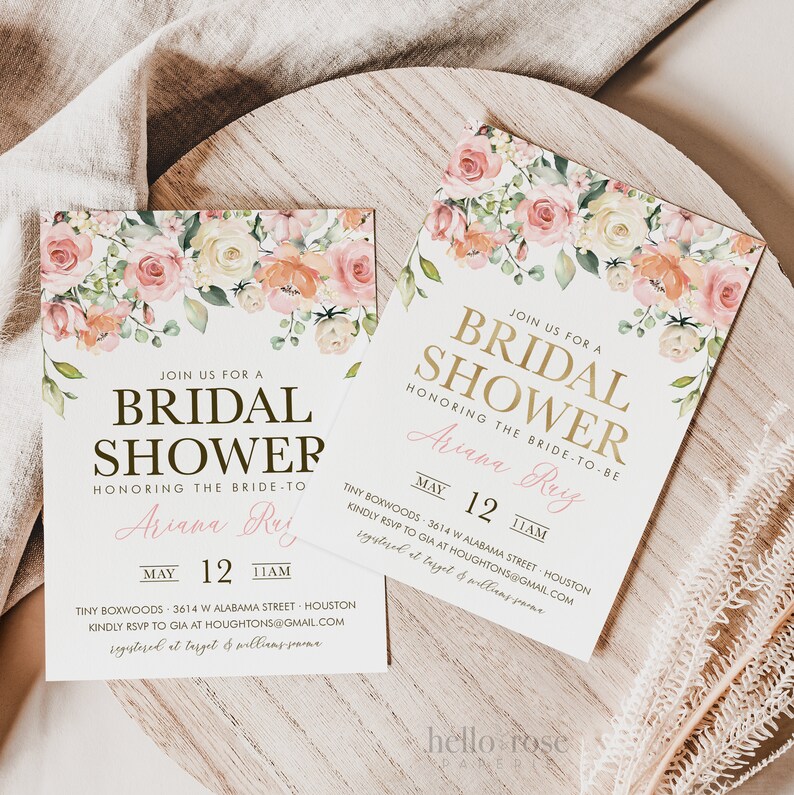 May include: A floral bridal shower invitation with a gold and white design. The invitation features the text "Join us for a Bridal Shower" and the name "Ariana Ruiz". The invitation also includes the date and time of the shower, as well as the address and RSVP information.