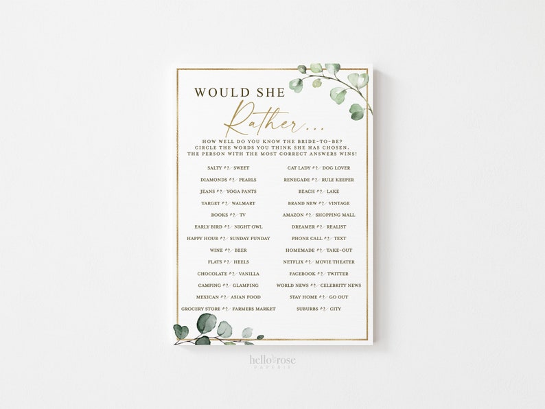 Puede incluir: Un juego de despedida de soltera imprimible con el t&iacute;tulo "Would She Rather..." y una lista de 20 preguntas para que los invitados adivinen las preferencias de la novia. El juego presenta un esquema de color dorado y verde con un dise&ntilde;o floral.