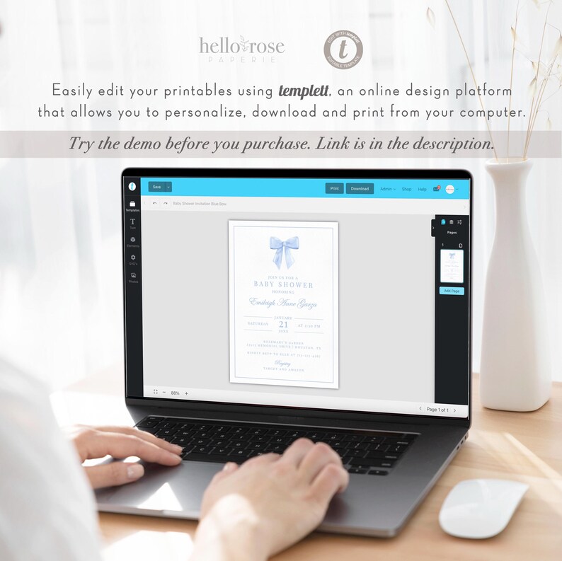May include: A laptop displaying a baby shower invitation template with a blue bow design. The screen shows the text "BABY SHOWER" and other details. The text "Easily edit your printables using templett" is also visible.