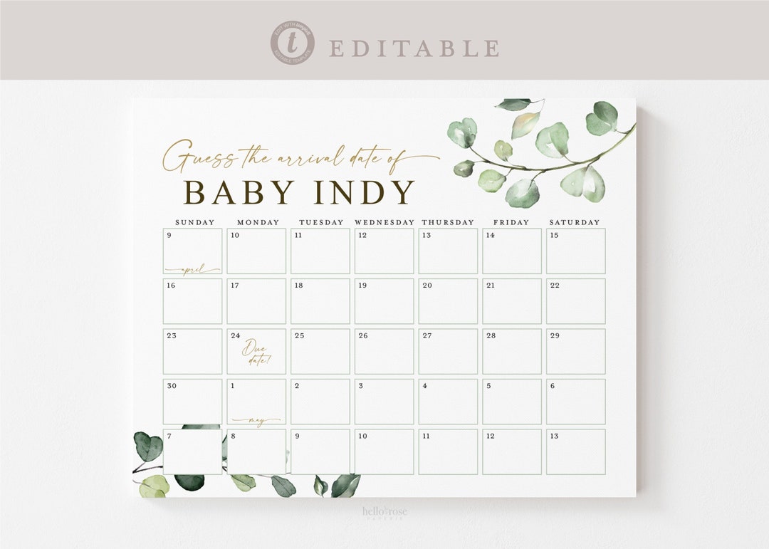 Baby Due Date Calendar Printable Game . Guess the Arrival / Baby's Due