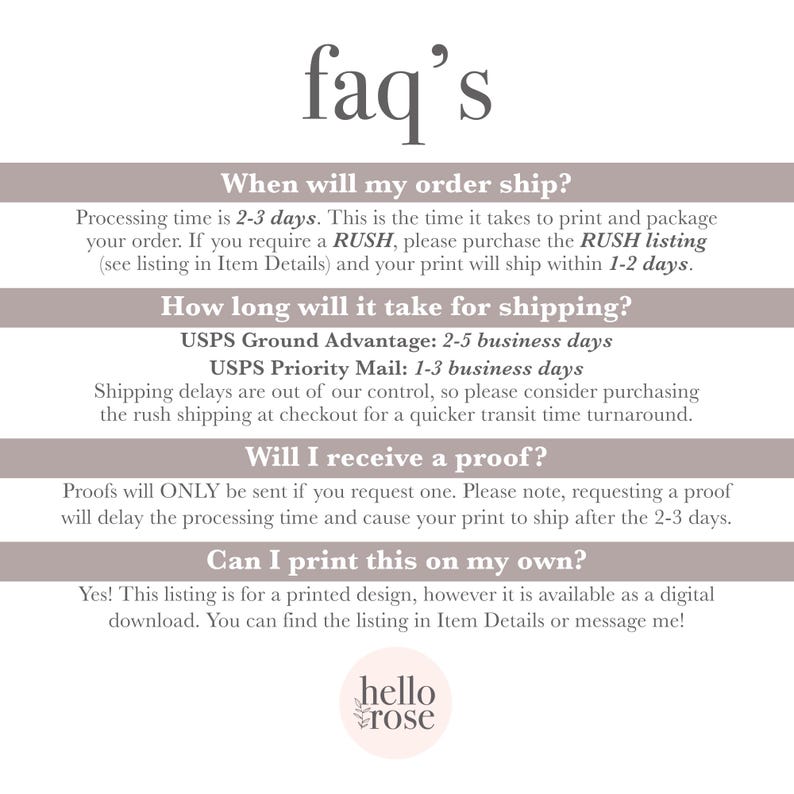 May include: A light pink and white graphic with the text "faq's" in a black font. The graphic includes information about processing time, shipping times, and proofs for an order. The graphic also includes the text "hello rose" in a black font with a floral design.