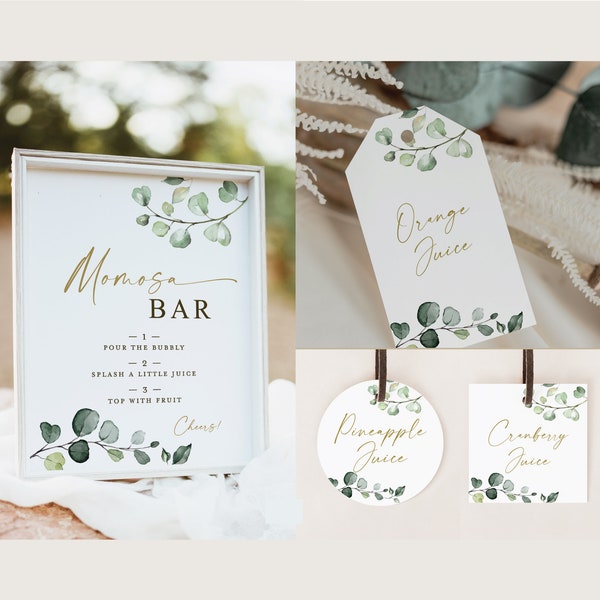 MOMosa Bar Sign + Mimosa Tags Template . Baby Shower . Greenery Gold . PRINTABLE Editable Template . Instant Download Templett G2-T