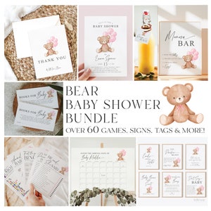 Bear with Balloons Baby Shower Bundle of 60+ Games, Signs, Tags, Labels . Girl Pink . Printable Editable Template Instant Download Templett