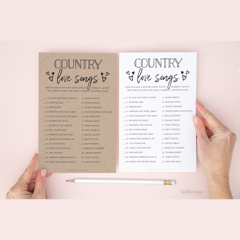 Country Love Songs Trivia Printable Game . Bridal Wedding Couples Shower . Kraft Minimalist Black and White . Instant Digital Download image 1