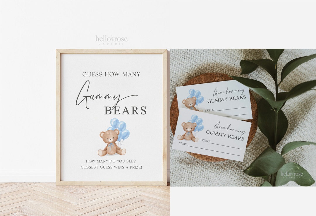 How Many Gummy Bears Baby Shower Game Set - 1 Sign + 50 Cards, Bear Guessing Game