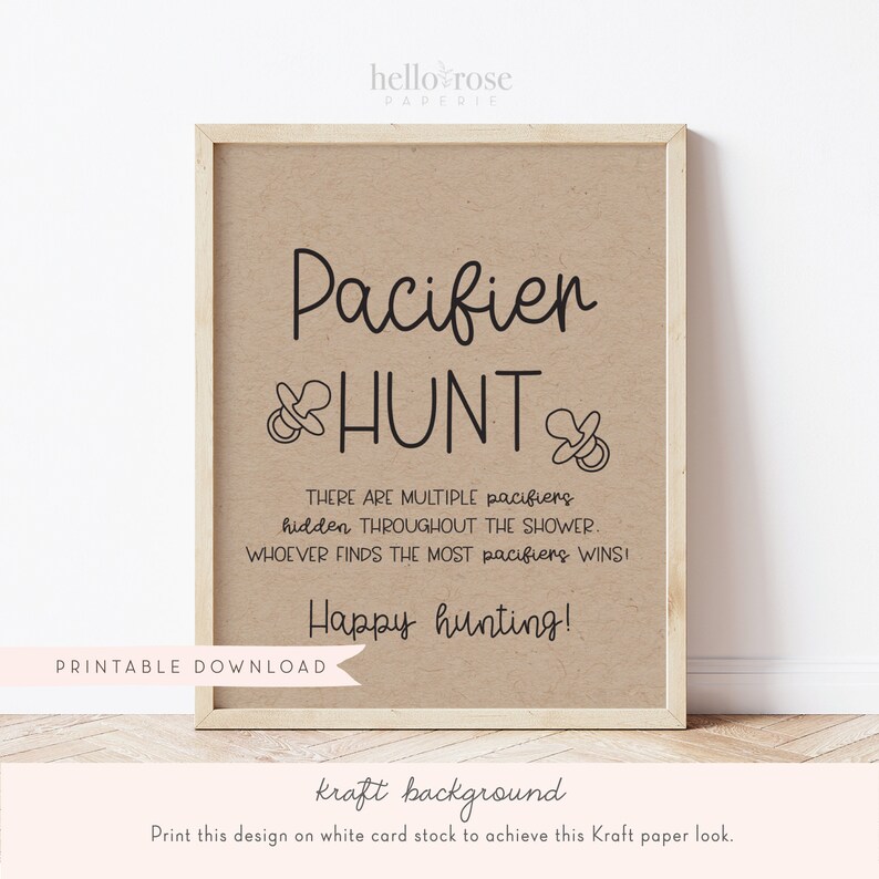 Pacifier Hunt Baby Shower Game Sign . Boy Girl Neutral . Kraft Minimalist Black & White . Printable 8x10 Instant Digital Download . K4 image 3