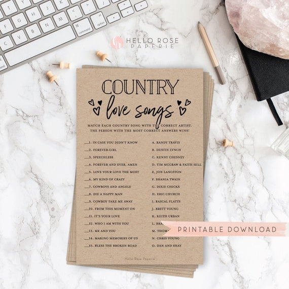 Country Love Songs Trivia Game Rustic Bridal Shower Etsy