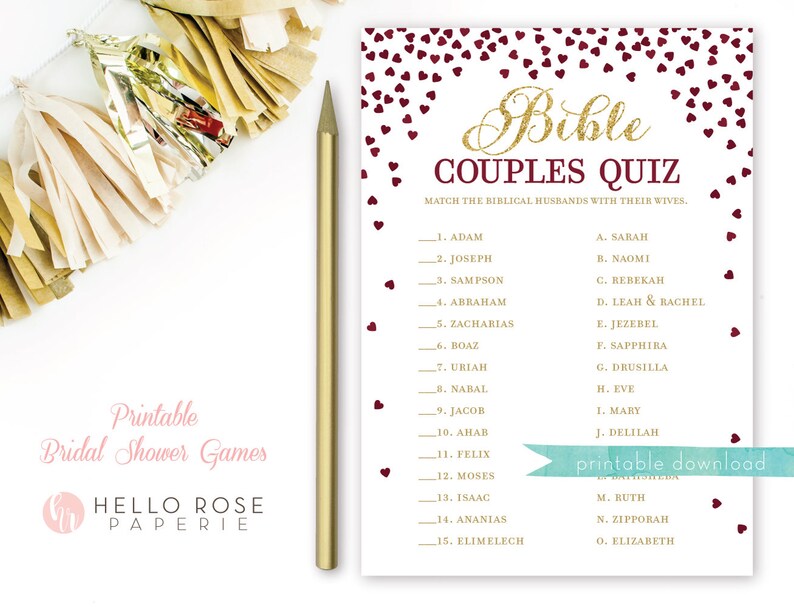 Bible Partners Quiz . Printable Bridal Shower Recreation . Well known Biblical Partners . Burgundy and Gold Bridal Shower Match . Fast Obtain Video game graphic relating to Printable Bible Quiz titled Bible Partners Quiz . Printable Bridal Shower Match . Renowned Biblical Partners . Burgundy and Gold Bridal Shower Recreation . Prompt Down load Match