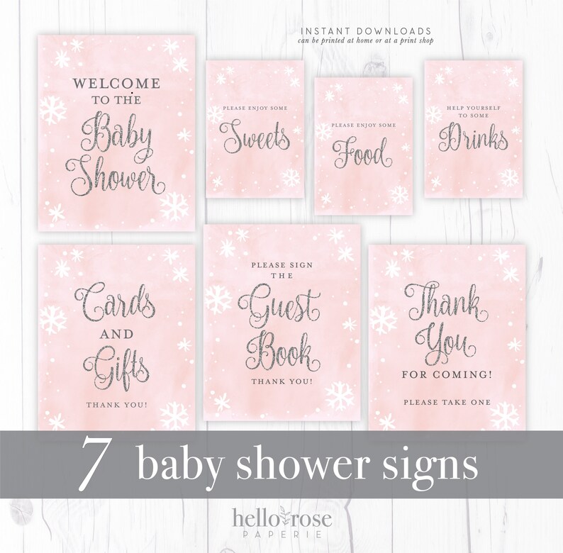7 Printable Baby Shower Table Signs Bundle . Pink &amp; Silver | Etsy