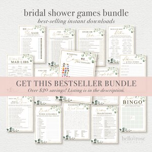 May include: A bundle of printable bridal shower games with a eucalyptus and gold theme. The games include "He Said She Said", "Wedding Shoe Game", "Over or Under", "Would She Rather", "Wedding Mad Libs", "Find the Guest", "Wedding Emoji Pictionary", "Do You Know the Couple Best", "Advice & Well Wishes", "Down the Bride Really Know the Groom", "Bridal Word Scramble", "Wedding Word Search", "Wedding Traditions", and "Bridal Bingo".