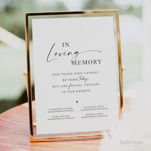 May include: A gold-framed sign with the words "In Loving Memory" in elegant script. The sign includes text about remembering loved ones, with names of family members listed below. The sign is on a wooden surface.