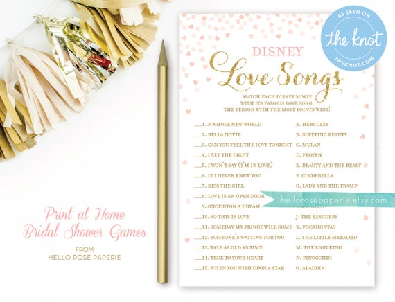 Disney Love Songs Bridal Shower Game Pink And Gold Wedding Etsy
