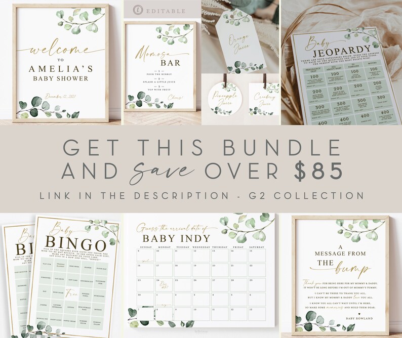Puede incluir: Un conjunto de juegos de baby shower imprimibles con un esquema de color verde y dorado e ilustraciones de hojas de eucalipto. Los juegos incluyen Baby Bingo, Baby Jeopardy, Adivina la fecha de llegada de Baby Indy y un mensaje de la pancita.