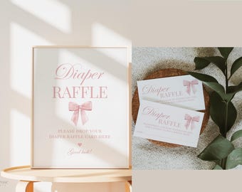 Windel-Verlosung Rosa Bogen Mädchen-Babyparty-Spielschild und Karten, Bringen Sie eine Packung Windeln ein, bearbeitbare Vorlage Digitaler Download TEMPLETT