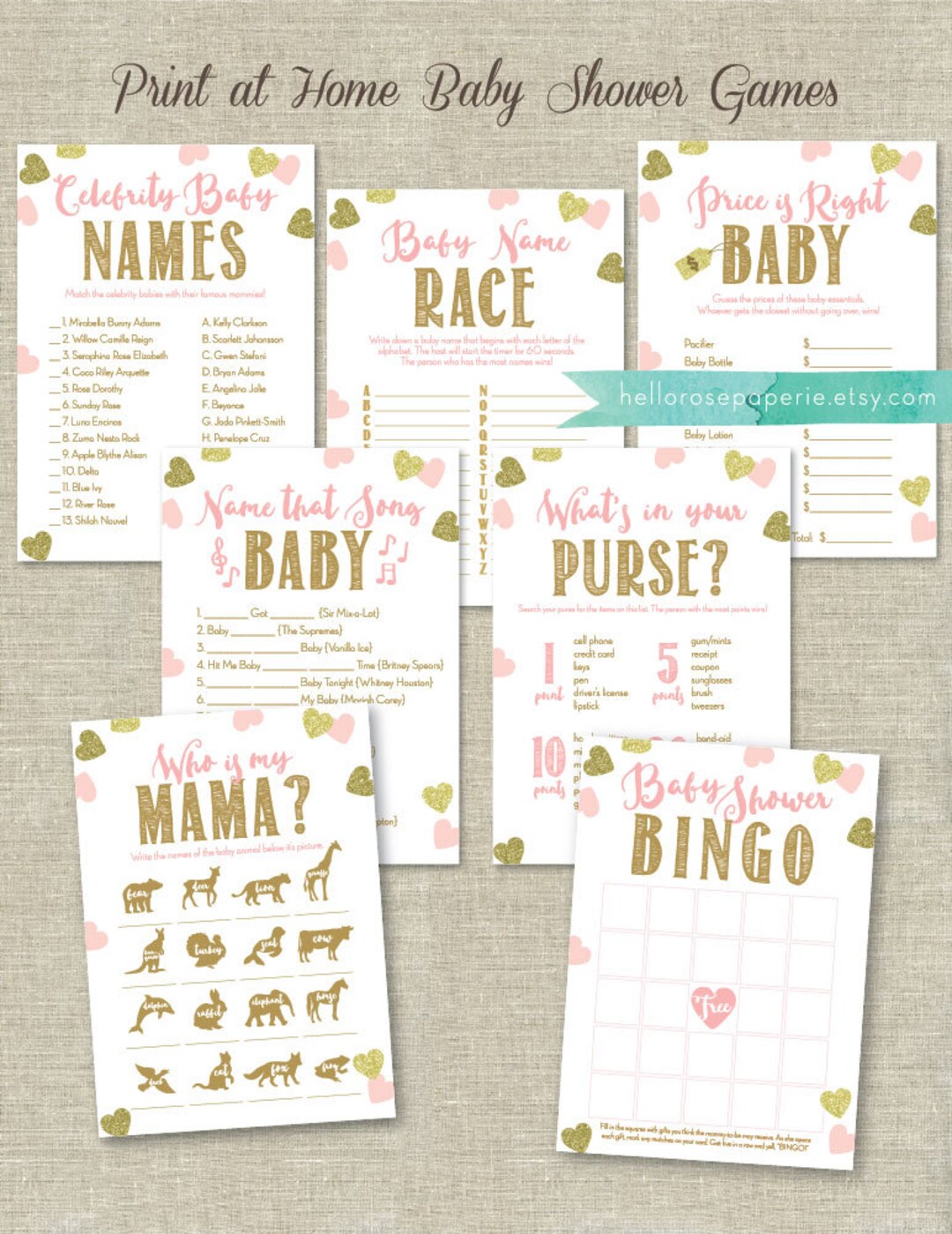 Pink and Gold Baby Shower Games Printable Set . Bundle 7 Games - Etsy