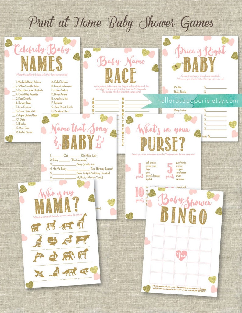 Pink And Gold Baby Shower Games Printable Set Bundle 7 Games Etsy