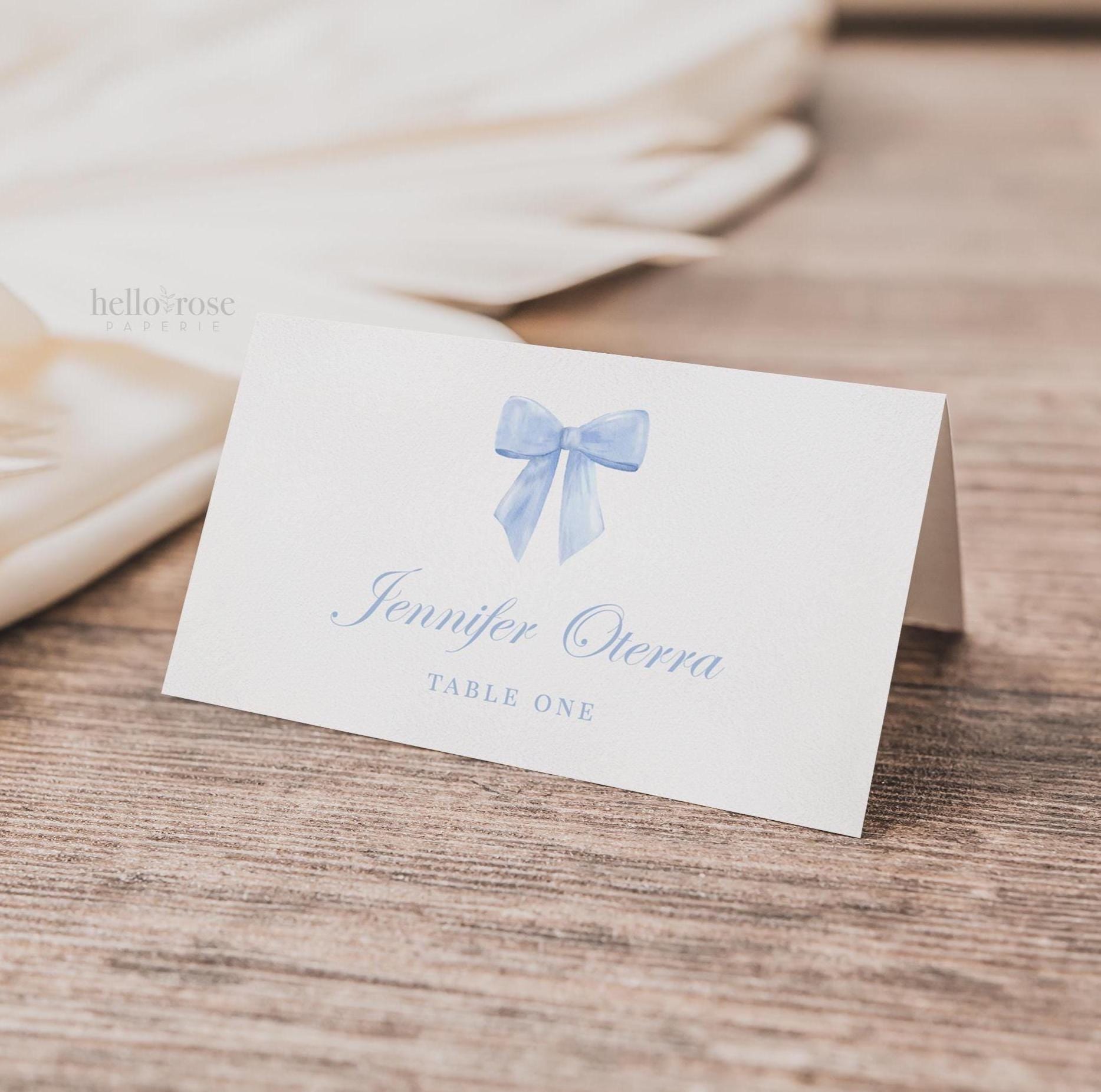 PRINTED SHIPPED Blue Bow Place Cards, Table Numbers, Food Tent Cards, Name Tags, Bridal Shower Bachelorette Baby Shower Baby Sprinkle