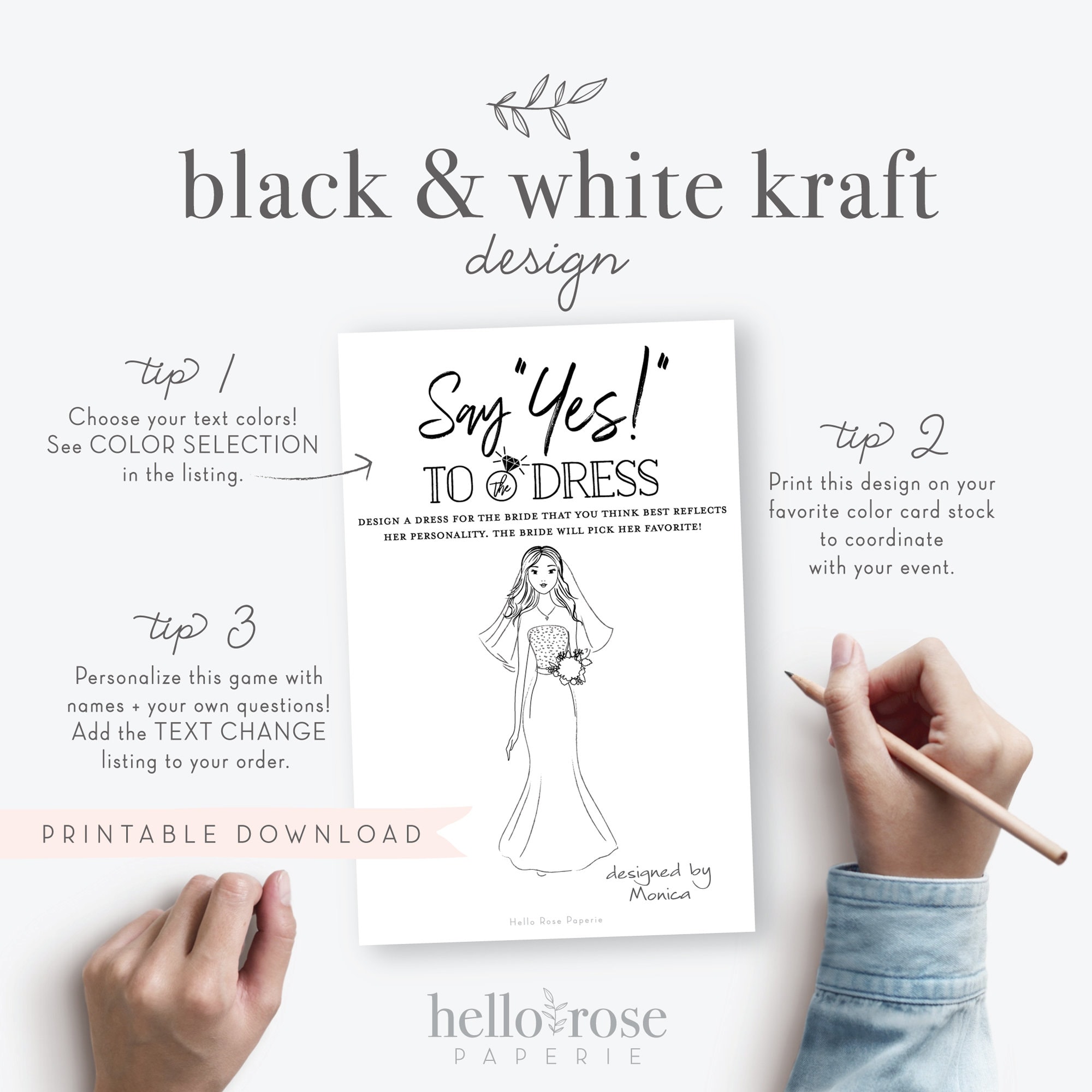 Say Yes to the Dress Printable Bridal Shower Game . Draw the Wedding Dress  . Kraft + Black and White . Instant Digital Download - Etsy