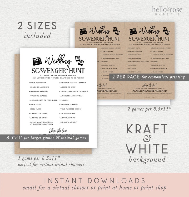 Wedding Scavenger Hunt Personalized Printable Game . I Spy Wedding Reception Photo Game . Kraft Minimalist Black White . Digital Download image 3