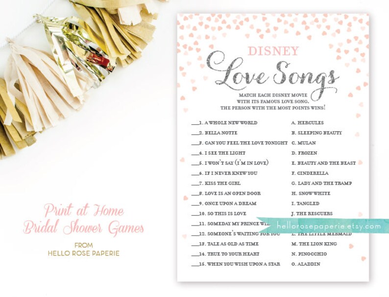 Disney Love Songs Bridal Shower Game . Printable Instant Etsy