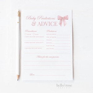 Baby voorspellingen en advies roze strik babyshower kaart, meisje baby strooi, afdrukbare bewerkbare sjabloon Instant Digitale download TEMPLETT