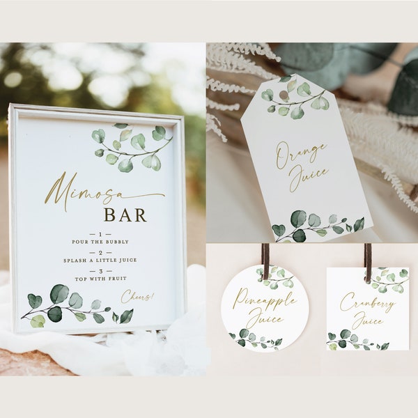 Mimosa Bar Sign + Mimosa Tags Template . Bridal Baby Shower . Greenery Gold . PRINTABLE Editable Template . Instant Download Templett G2-T