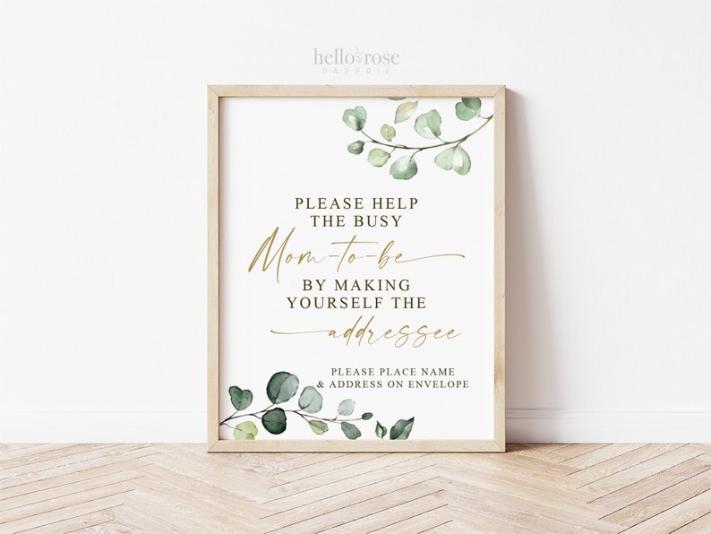 Help the Busy Mom to Be Addressee Sign Printable . Greenery and Gold . Baby Shower Thank You Card Envelope Sign . Instant Download 8x10 G2 image 2