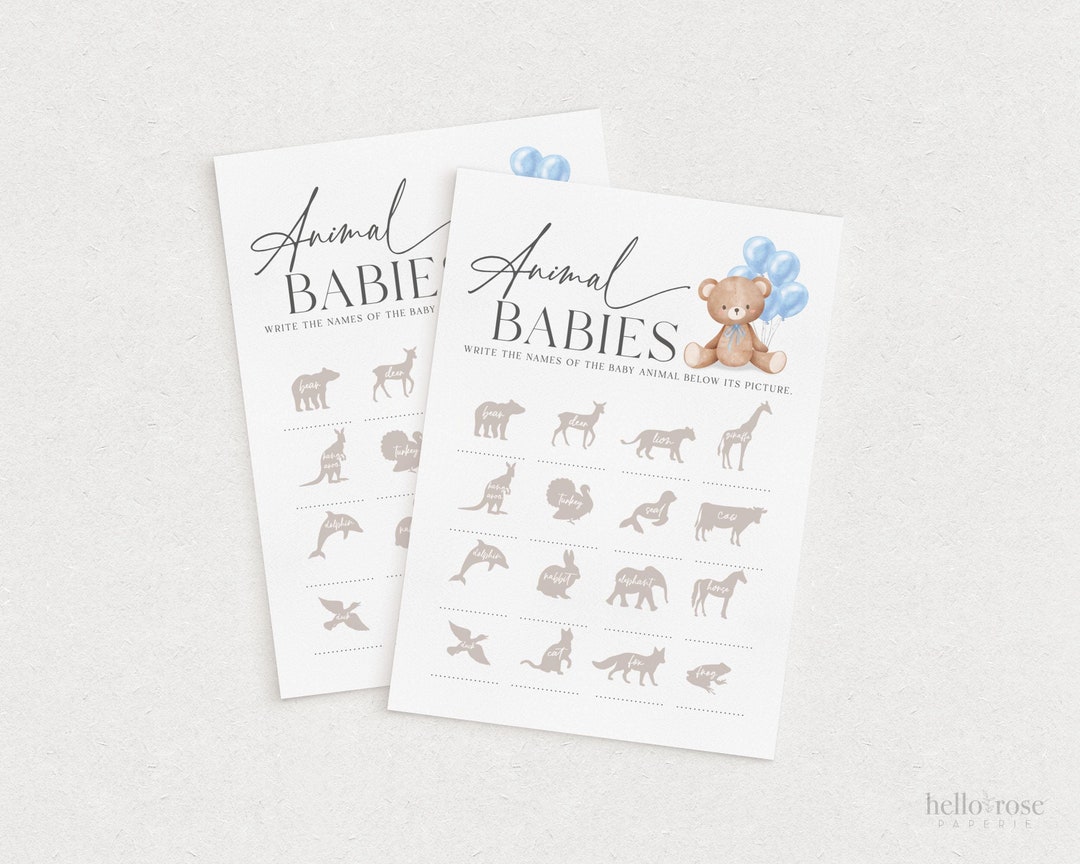 Animal Babies Baby Shower Game, Bear With Blue Bow Balloons, Boy Teddy ...